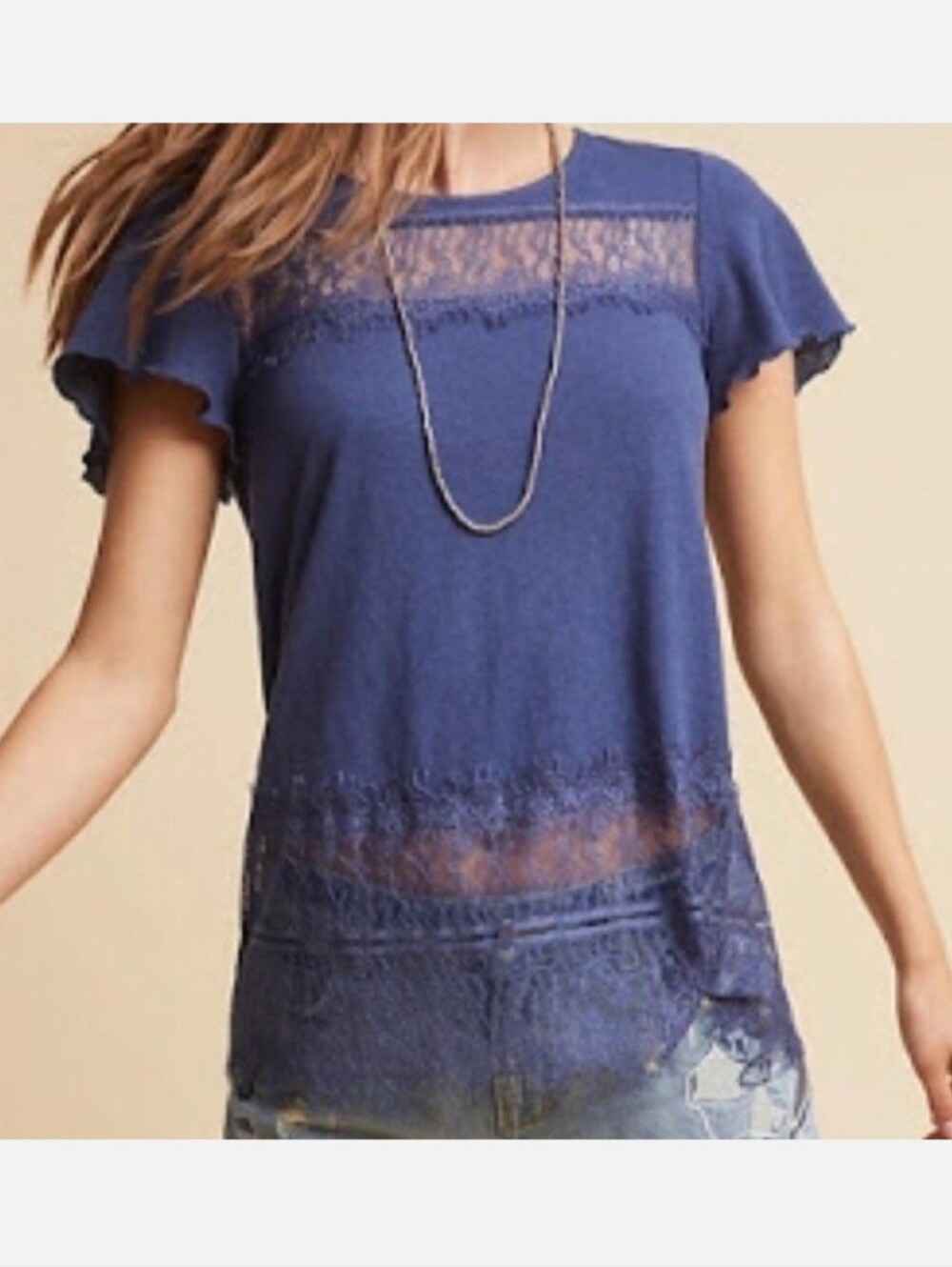Anthropologie Deletta Linen & Lace Short Sleeve Casual Top Size Sm Blue